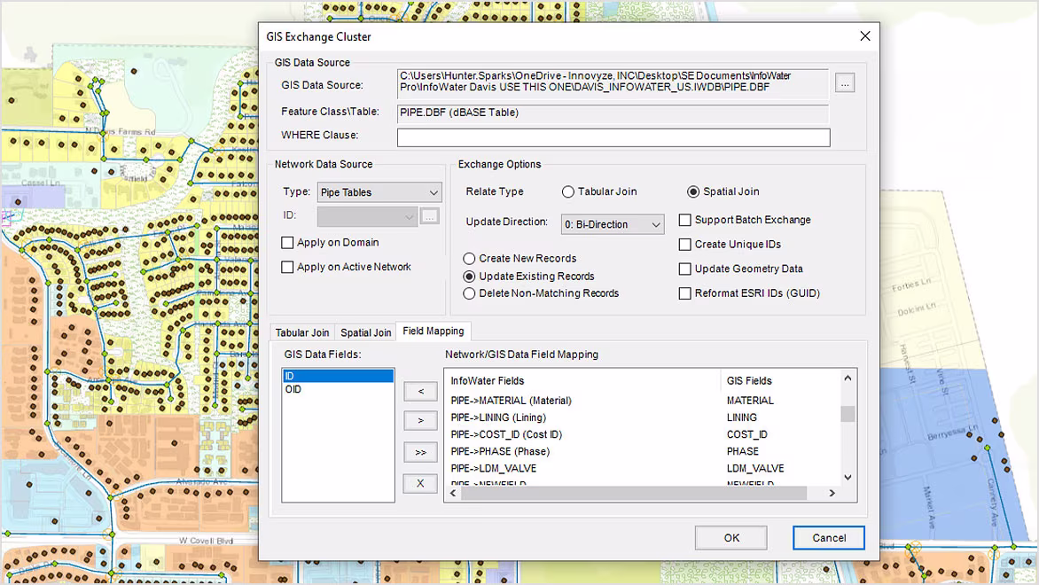 Autodesk InfoWater Pro model view within ArcGIS Pro interface