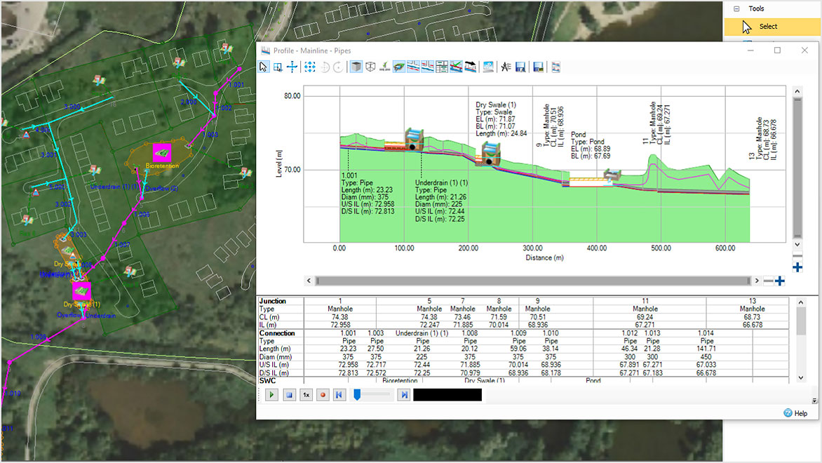 Autodesk InfoDrainage screenshot with Mainline-Pipes overlay